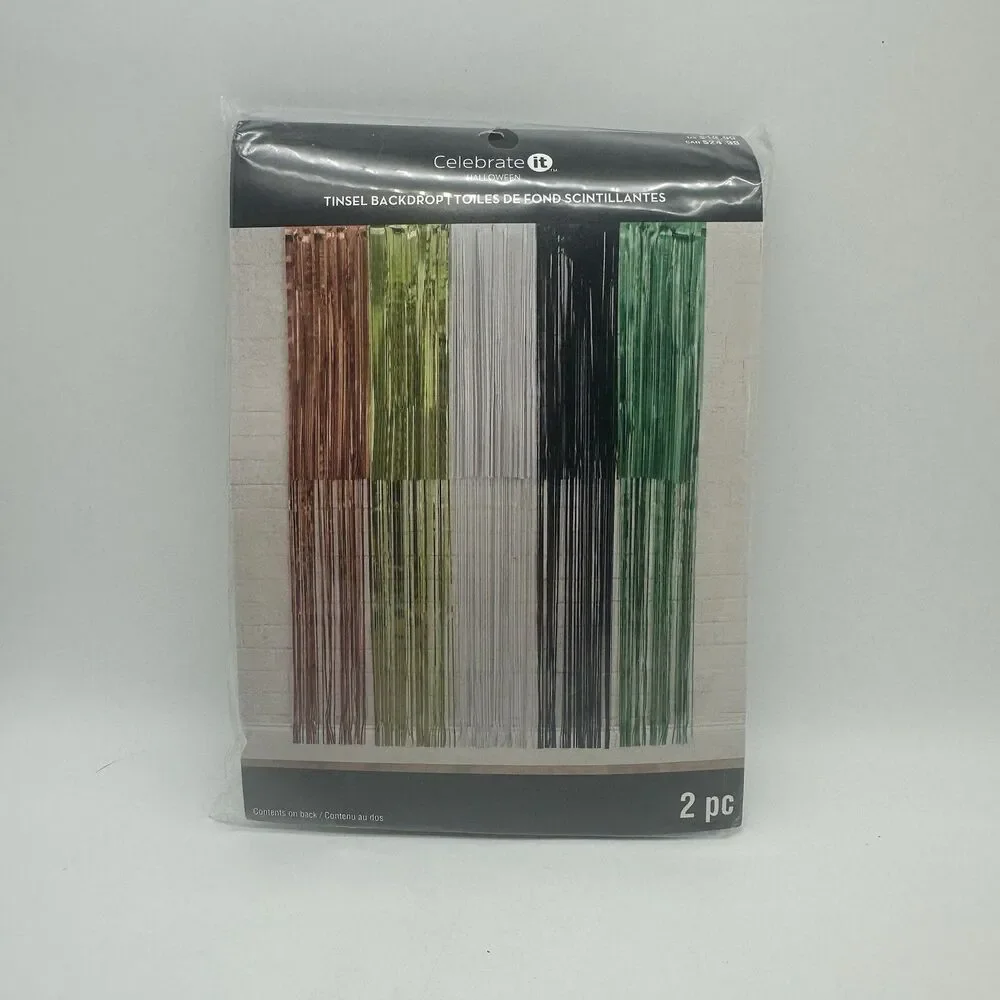 Celebrate It Halloween Tinsel Backdrop 2 Pc Metallic Fringe Orange Green Black
